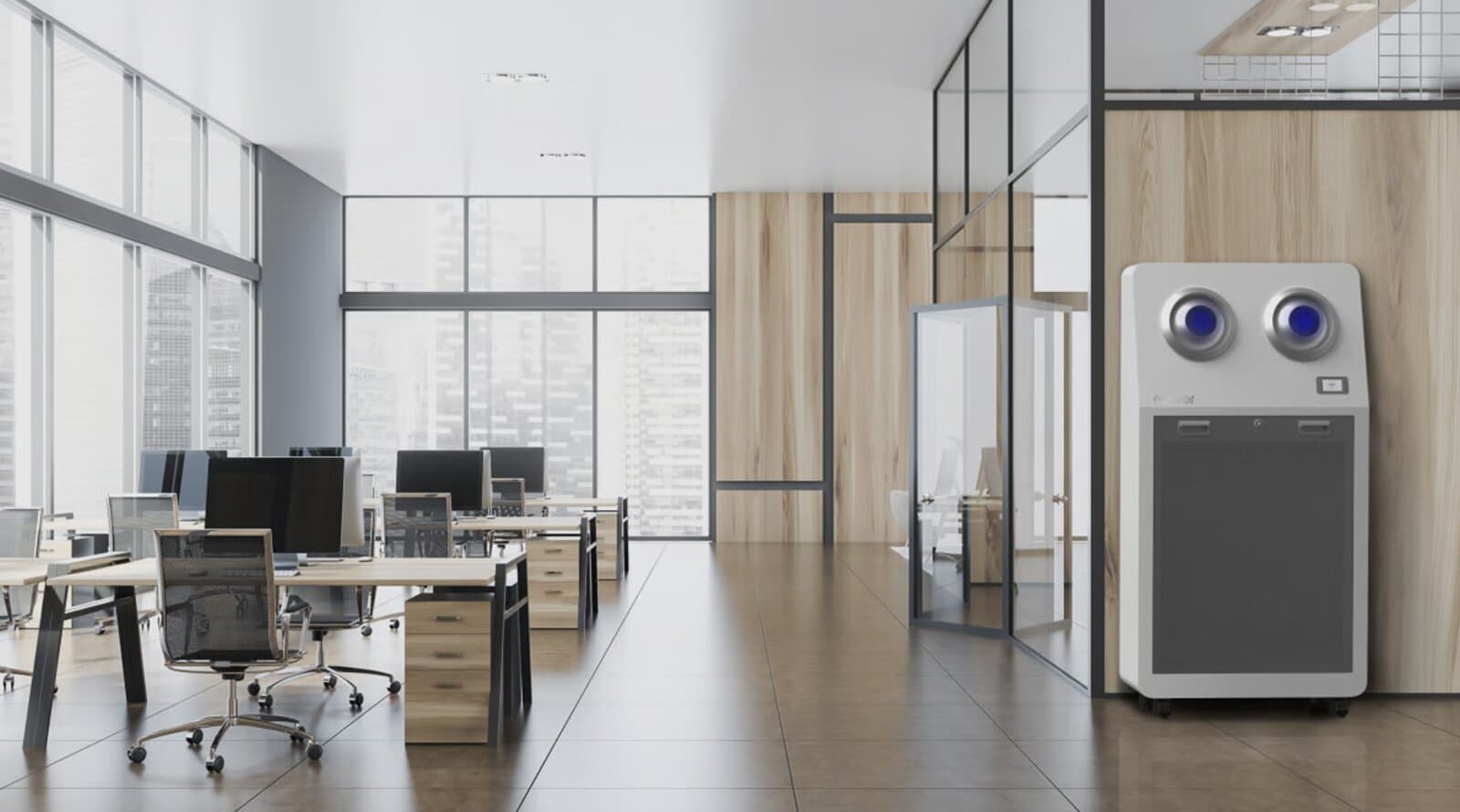 Air purification unit mounted in a modern open plan office
